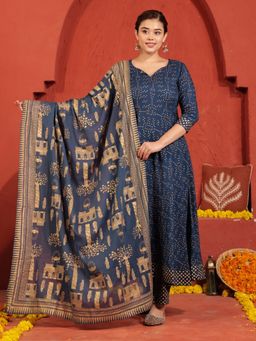 ARAMYA - Blue Women Viscose Gold Foil Print Anarkali Kurta with Pant and Dupatta