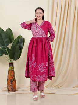 ARAMYA - Pink Women Soft Cotton Placement Print Angarkha Kurta with Pant