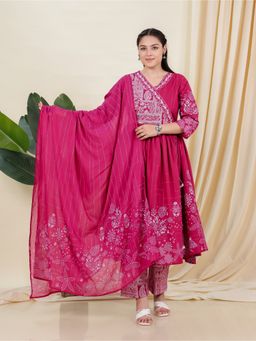 ARAMYA - Pink Women Georgette Embroidered Angarkha Kurta with Pant and Dupatta