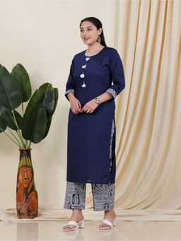 ARAMYA - Navy Blue Women Soft Cotton Straight Kurta with Pant