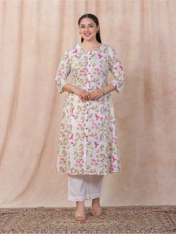 ARAMYA - Off White Women Soft Cotton A-Line Floral Print Kurta with Pant