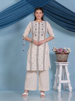 ARAMYA - Cream Women Soft Cotton Floral Print Kurta with Pant