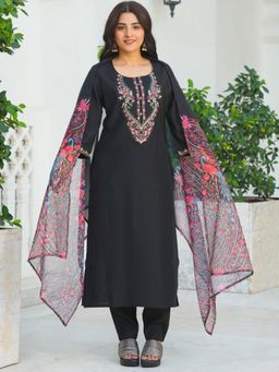 ARAMYA - Black Women Silk Blend Embroidered Kurta with Pant and Dupatta