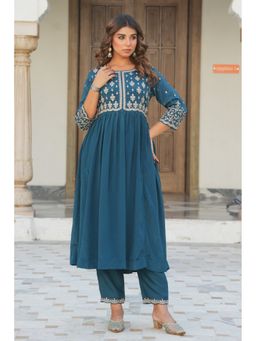 ARAMYA - Teal Women Poly Chinon Embroidered Anarkali Kurta with Pant