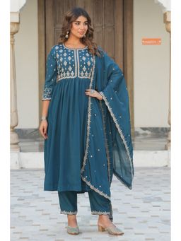 ARAMYA - Teal Women Poly Chinon Embroidered Anarkali Kurta with Pant and Dupatta