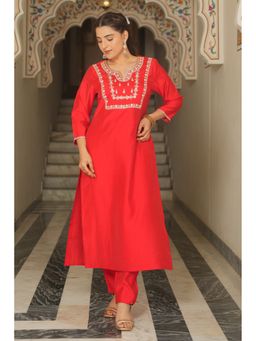 ARAMYA - Women Roman Silk Embroidered Kurta with Pant