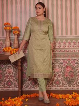 ARAMYA - Green Women Silk Jacquard Solid Kurta with Pant