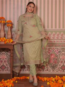 ARAMYA - Green Women Silk Jacquard Embroidered Kurta with Pant and Dupatta