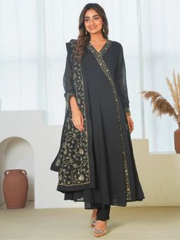 ARAMYA - Black Women Georgette Embroidered Angarkha Kurta with Pant and Dupatta