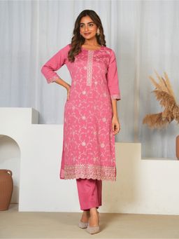 ARAMYA - Pink Women Chinon Chiffon Embroidered Kurta with Pant