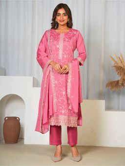 ARAMYA - Pink Women Chinon Chiffon Embroidered Kurta with Pant and Dupatta
