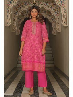 ARAMYA - Pink Women Poly Jacquard Bandhani Print Kurta with Pant