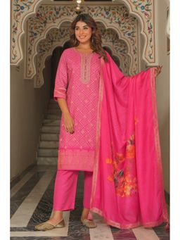 ARAMYA - Pink Women Poly Jacquard Bandhani Print Kurta with Pant and Dupatta