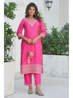 ARAMYA - Pink Women Silk Jacquard Embroidered Kurta with Pant