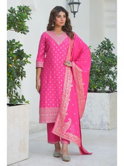 ARAMYA - Pink Women Silk Jacquard Embroidered Kurta with Pant and Dupatta