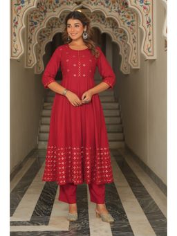 ARAMYA - Women Soft Cotton Embroidered Anarkali Kurta with Pant