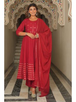 ARAMYA - Women Soft Cotton Embroidered Anarkali Kurta with Pant and Dupatta