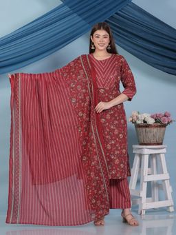 ARAMYA - Red Women Kantha Cotton Straight Bagru Print Kurta with Pant and Dupatta