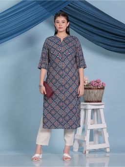 ARAMYA - Blue Women Kantha Cotton Straight Floral Print Kurta with Pant