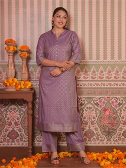 ARAMYA - Lavender Women Roman Silk Straight Gold Foil Print Kurta with Pant
