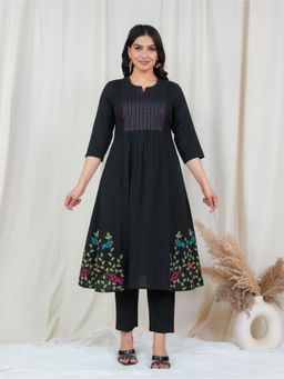 ARAMYA - Black Women Linen Cotton Panelled Embroidered Kurta with Pant