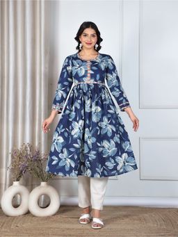 ARAMYA - Blue Women Soft Cotton Floral Print Anarkali Kurta with Pant