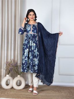ARAMYA - Blue Women Soft Cotton A-Line Floral Print Kurta with Pant and Dupatta