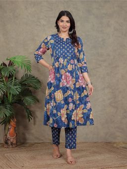 ARAMYA - Blue Women Soft Cotton Panelled Floral Print Anarkali Kurta with Pant