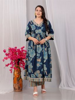 ARAMYA - Blue Women Soft Cotton Flared Floral Print Anarkali Kurta with Pant