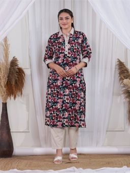 ARAMYA - Black Women Linen Cotton Pathani Floral Print Kurta with Pant