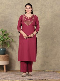 ARAMYA - Rust Women Linen Cotton Straight Embroidered Kurta with Pant