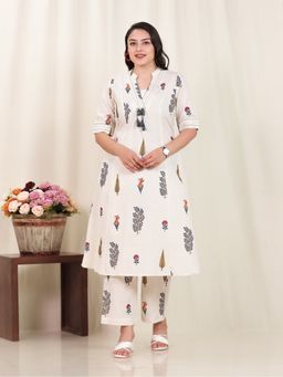 ARAMYA - Off White Women Linen Cotton Flared Floral Print Kurta with Pant