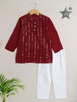 The Magic Wand - Boys Maroon Embellished Kurta with Pyjama (Set of 2)