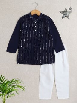 The Magic Wand - Boys Navy Blue Embellished Kurta with Pyjama (Set of 2)