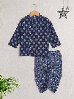 The Magic Wand - Boys Navy Blue Embroidered Kurta with Dhoti (Set of 2)