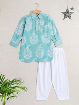 The Magic Wand - Boys Green Floral Kurta with Pyjama (Set of 2)