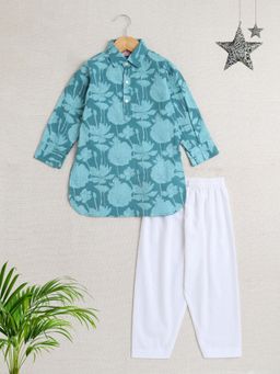 The Magic Wand - Boys Blue Floral Kurta with Pyjama (Set of 2)