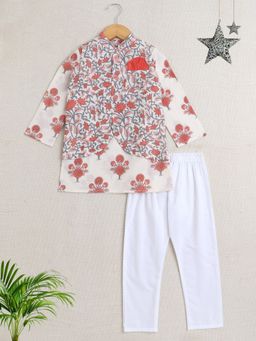 The Magic Wand - Boys Off White Floral Kurta with Pyjama and Jacket (Set of 3)