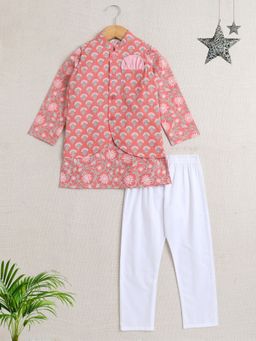 The Magic Wand - Boys Peach Floral Kurta with Pyjama and Jacket (Set of 3)