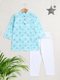 The Magic Wand - Boys Aqua Floral Kurta with Pyjama (Set of 2)