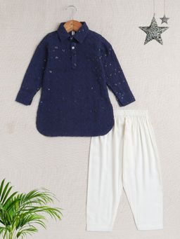 The Magic Wand - Boys Navy Blue Embellished Kurta with Pyjama (Set of 2)