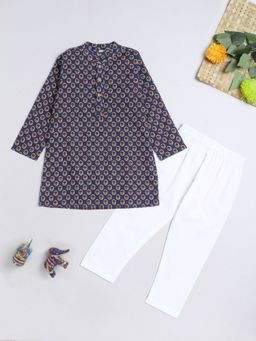 The Magic Wand - Boys Navy Blue Floral Kurta with Pyjama (Set of 2)