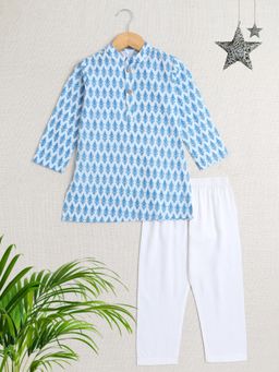 The Magic Wand - Boys Blue Printed Kurta with Pyjama (Set of 2)