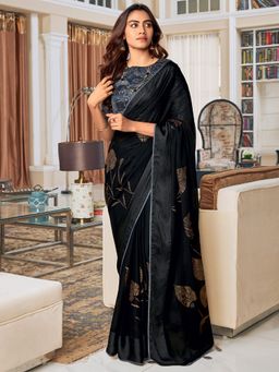 Akhilam - Women Silk Blend Black Embellished Celebrity Saree with Unstitched Blouse
