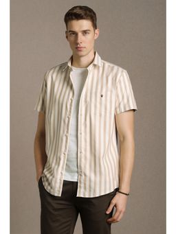 Louis Philippe - Beige Cotton Stripes Shirt