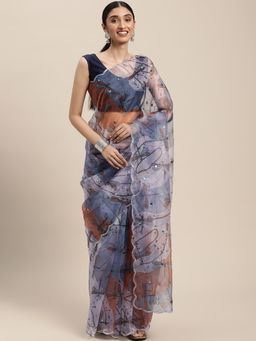 Vastranand - Free Hand Flower Printed Organza Party Wear Saree With Mirror Work with Unstitched Blouse