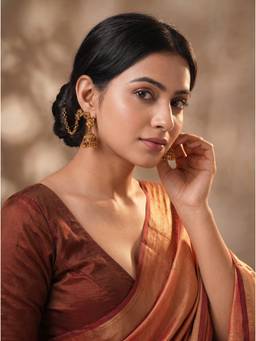 Saraf RS Jewellery - Women Antique Gold Plated Kundan Jhumka with Sahara Ear Chain