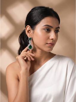 Saraf RS Jewellery - Women Rhodium Plated American Diamond Green Stone Drop Earrings