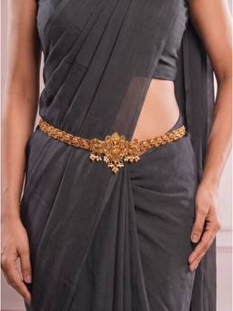Saraf RS Jewellery - Women Antique Gold Plated Red Kundan Temple Kamarbandh with Extender Chain