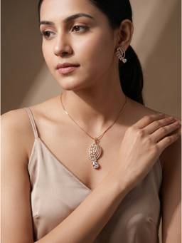 Saraf RS Jewellery - Women Rose Gold Plated American Diamond Paisley Leaf Necklace with Earrings